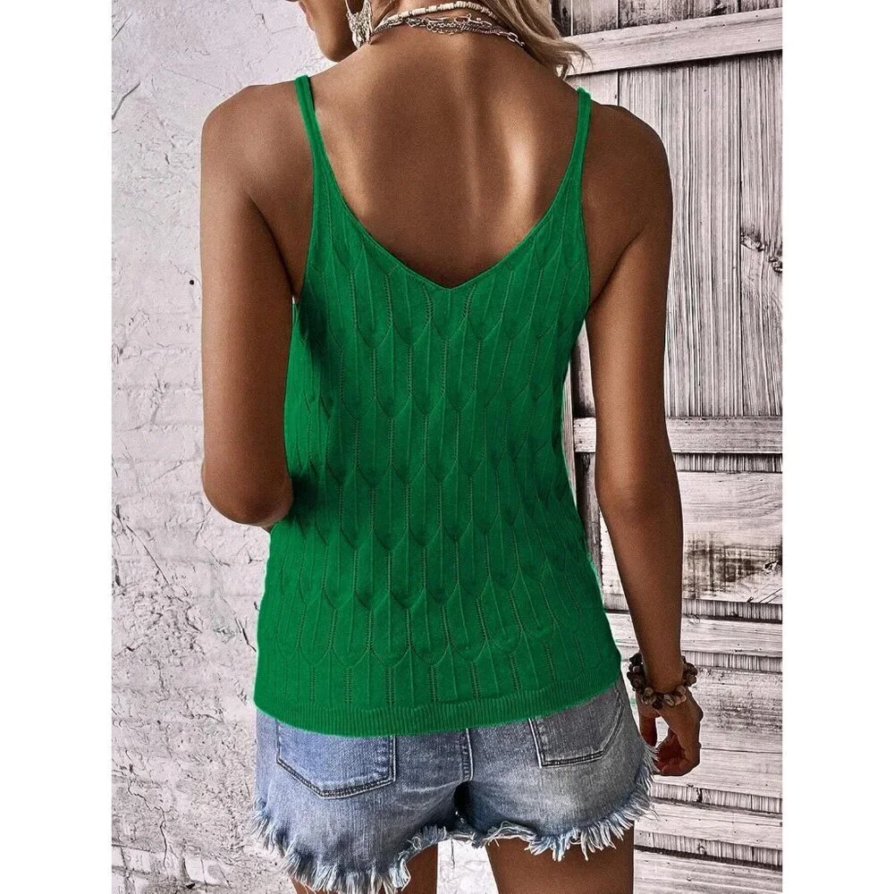 Womens Pointelle Knit Top V Neck Sleeveless Summer Blouses Lightweight - Picture 6 of 6